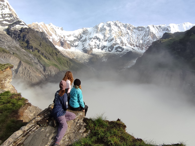 Nepal students looking out into himalayas
