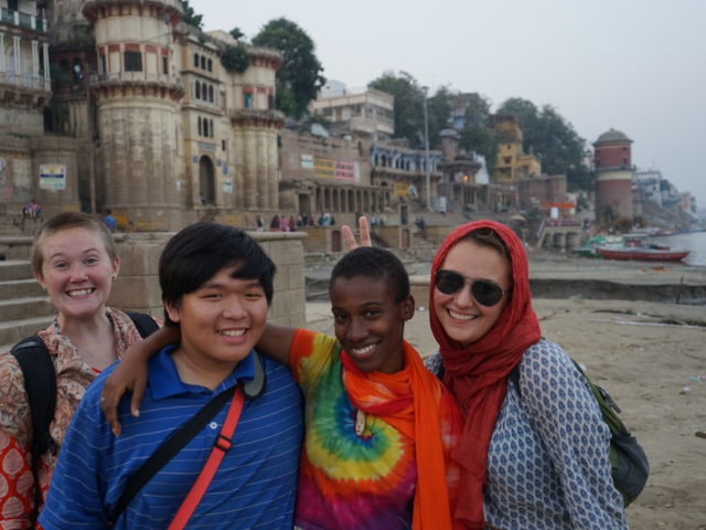 India_students posing with friednds at riverside