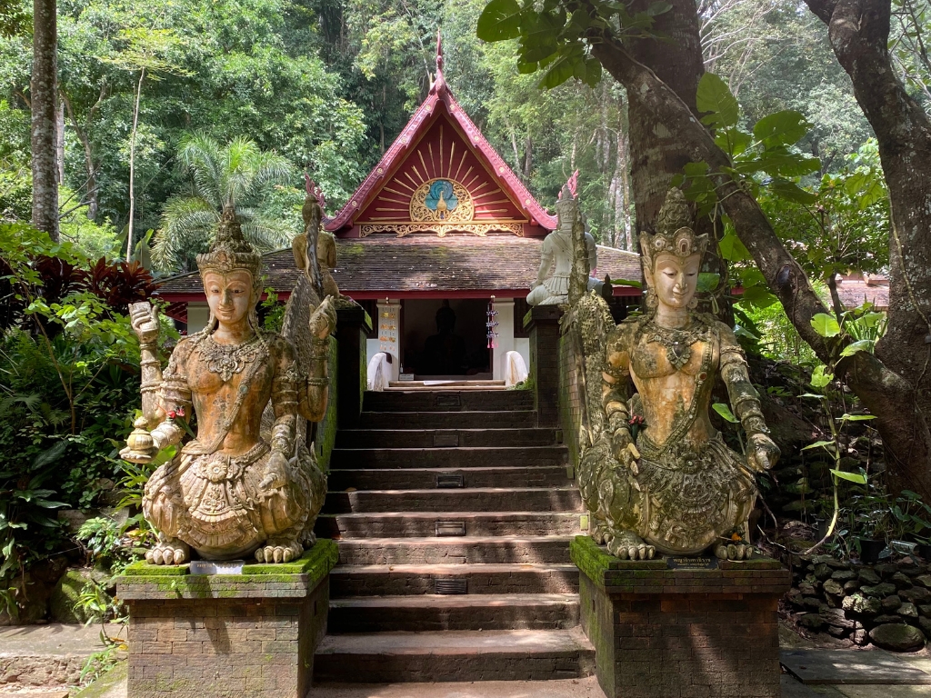 Temple mountain steps in a statue