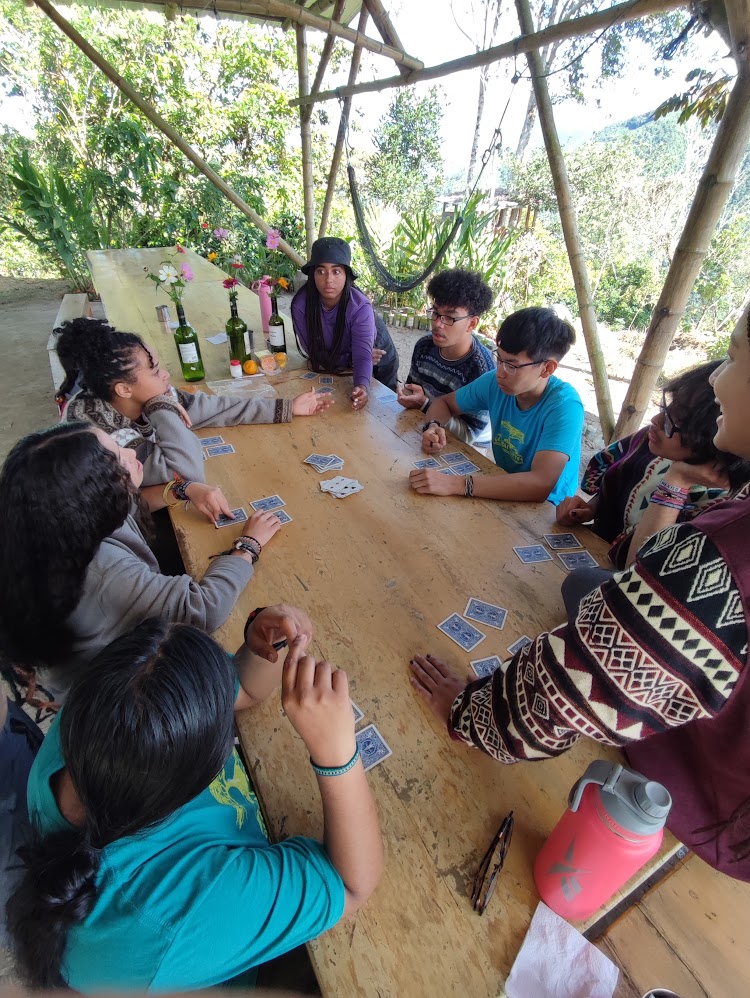 students playing cards outside table